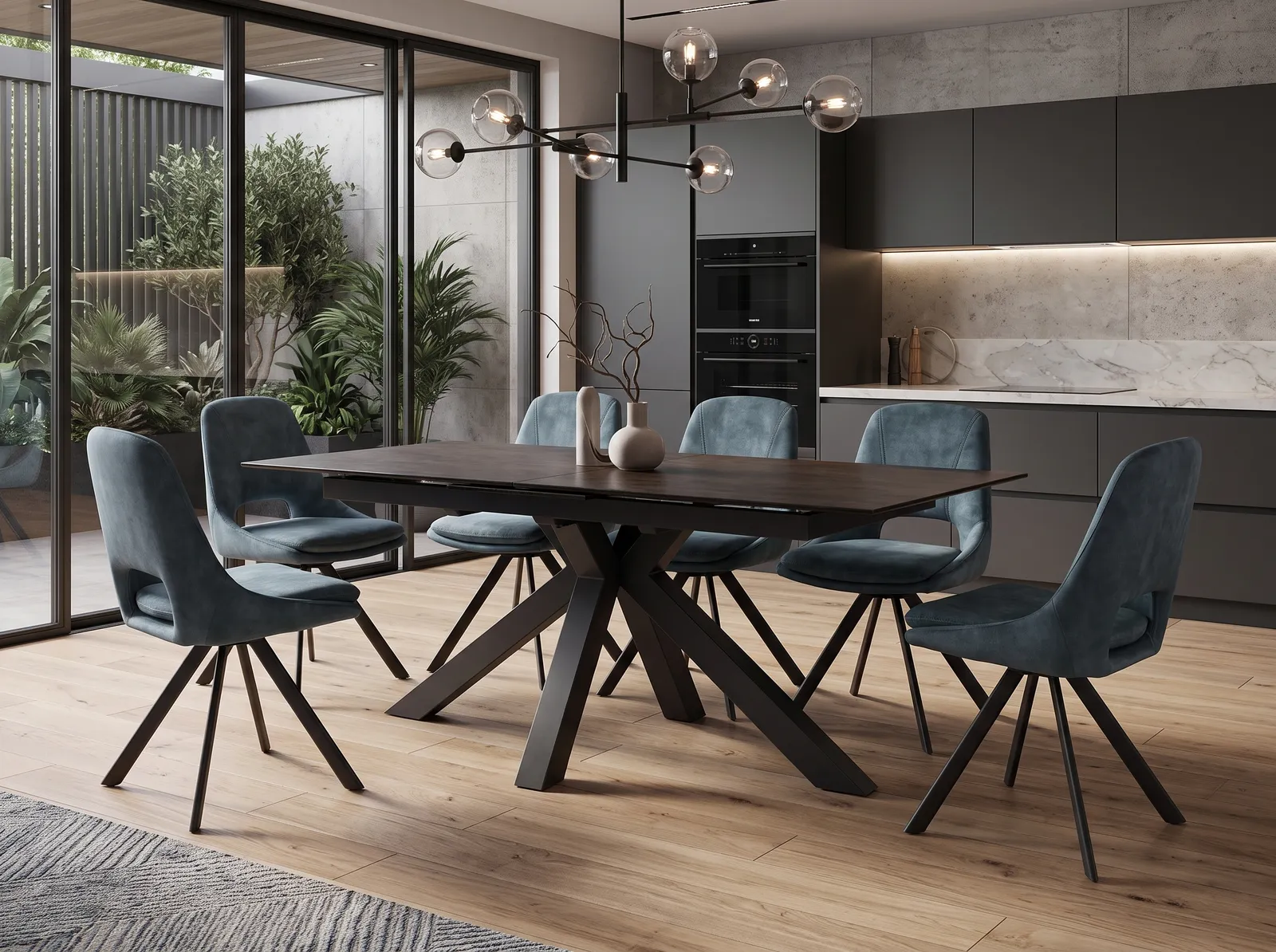 Extending Dining Table & 6 Aqua Anvil Chairs