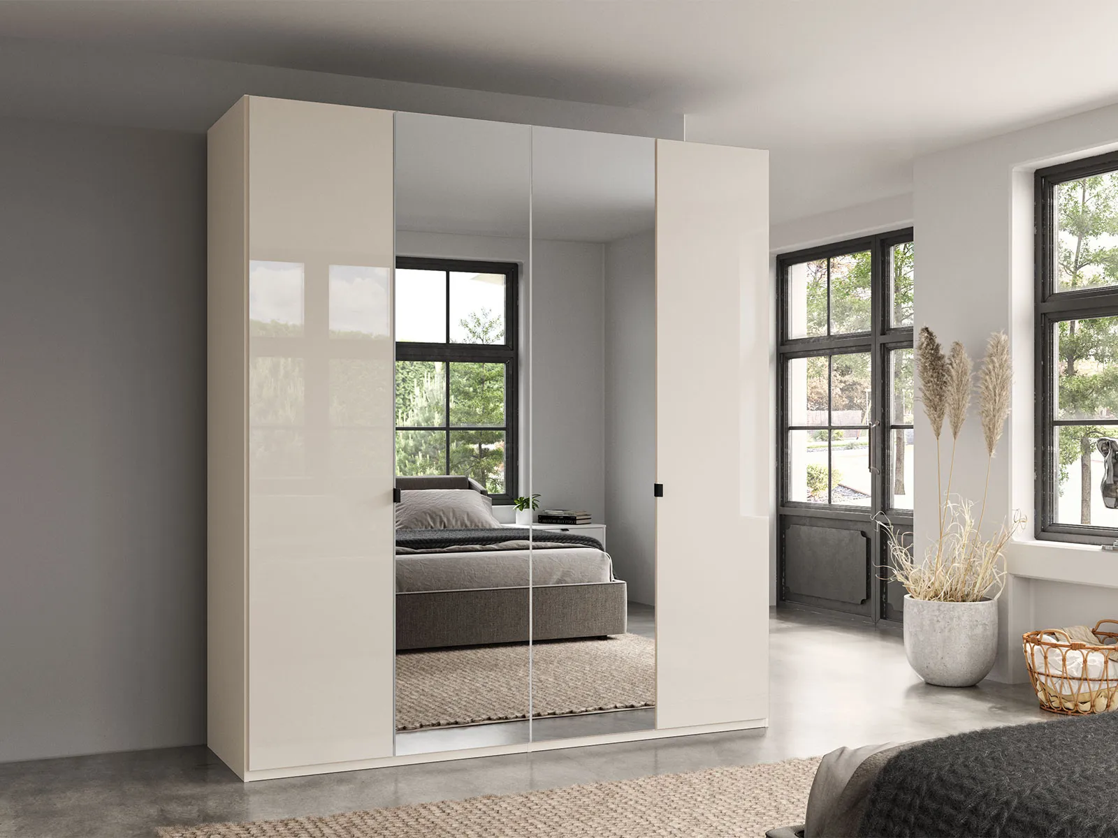 4 Door Hinged Wardrobe With 2 Centre Mirror Doors