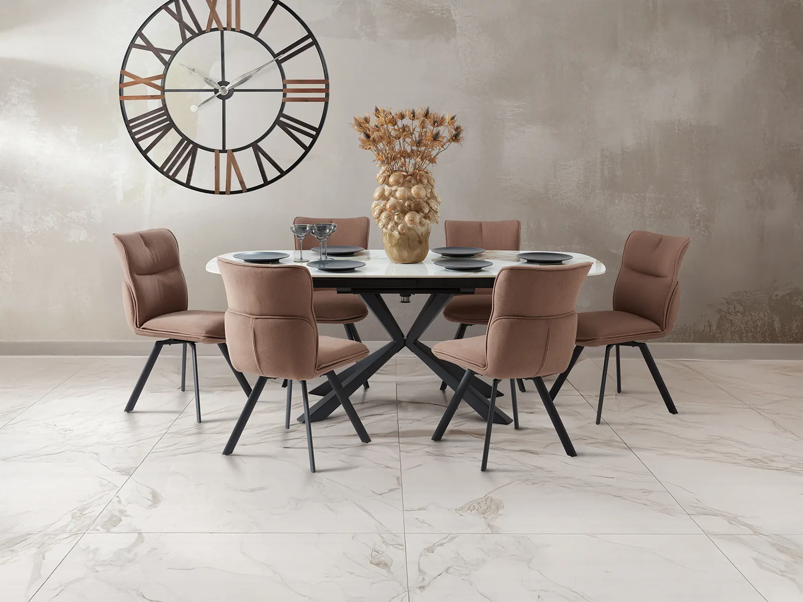 Swivel Dining Table & 6 Grant Chairs In Nubuck
