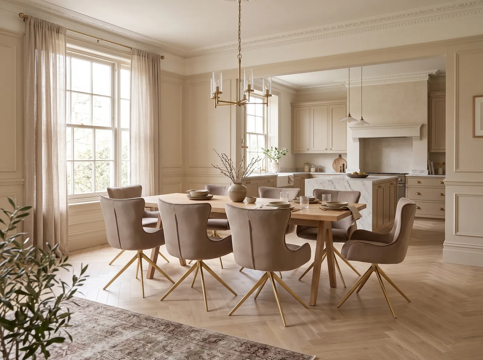 200cm Dining Table With Wooden A-Leg & 6 Tay Dining Chairs Mocha