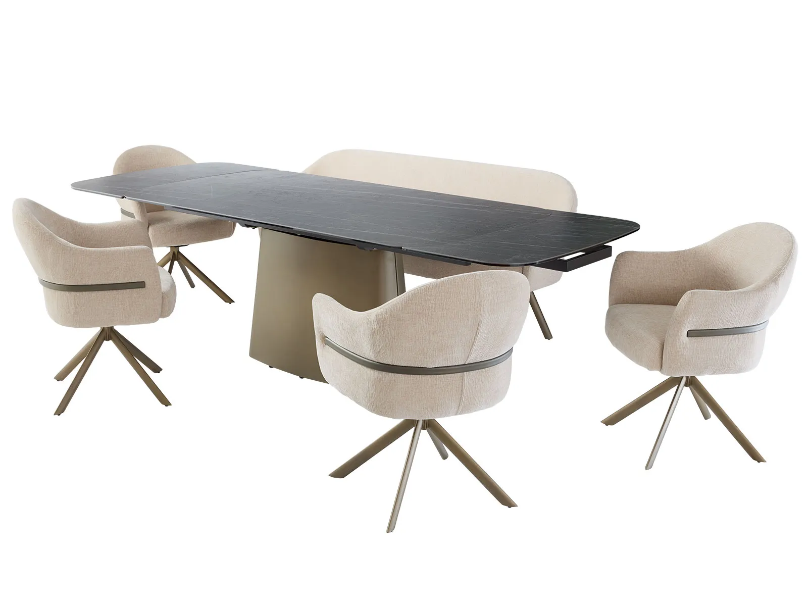Extending Dining Table, 4 Pullman Chairs & Pullman Bench In Linen