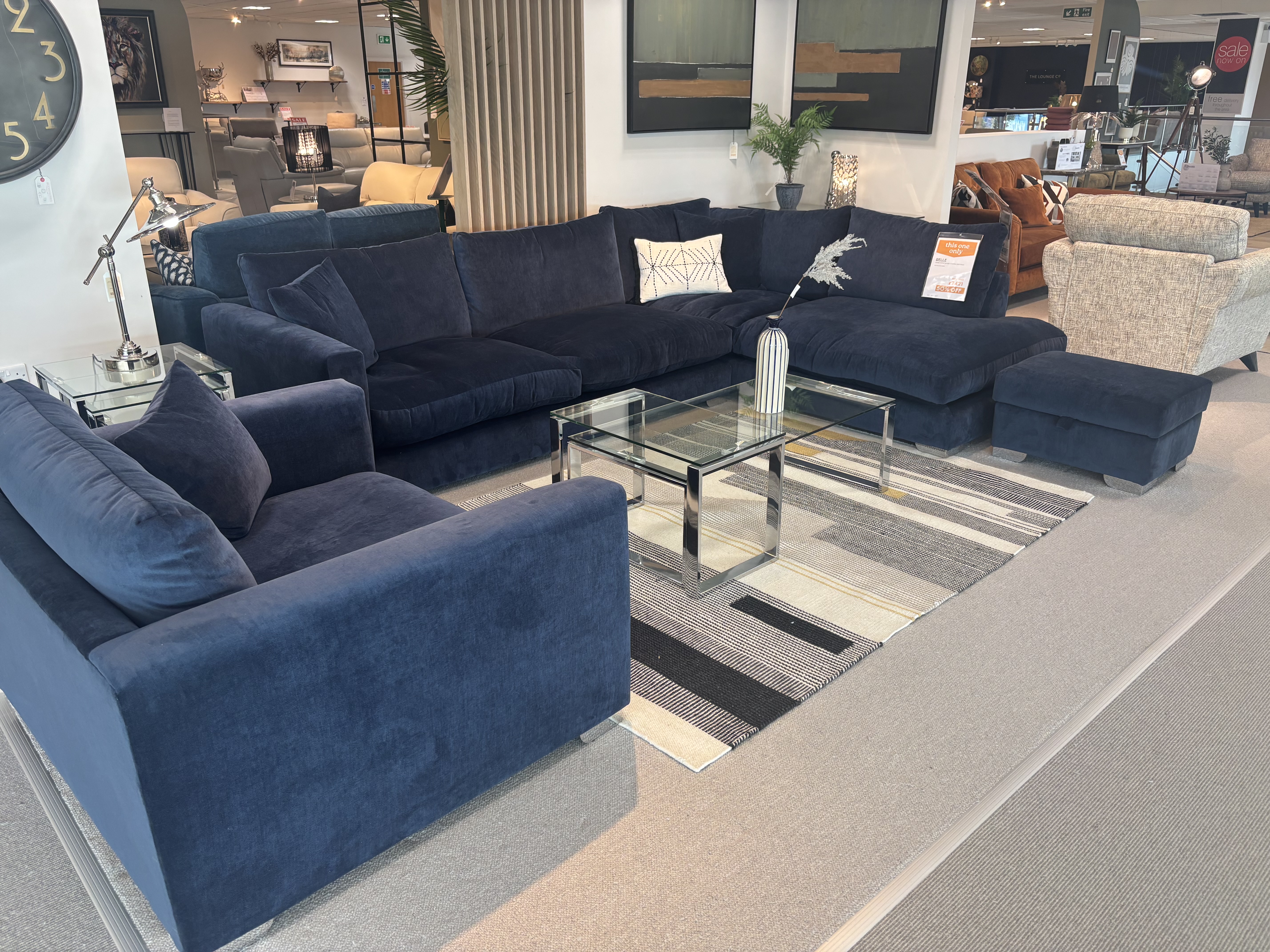 Belle LHF corner group, cuddler chair, storage footstool